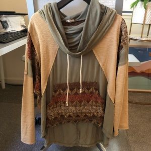 Pol clothing patchwork cowl hoodie rayon pullover S high low hem